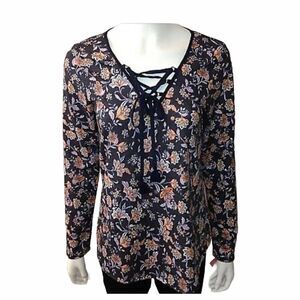 Xhilaration Lace Up Floral Top Navy Blue Small‎